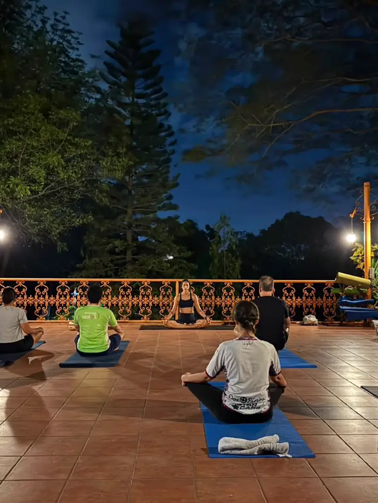 A group meditating outdoors at dusk